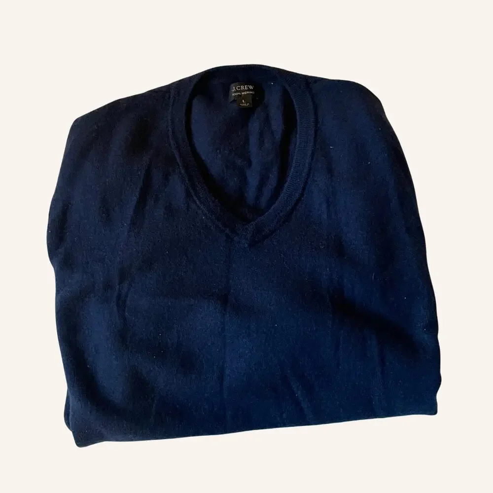 J.CREW sweater large 100% merino wool navy blue v-neck size L